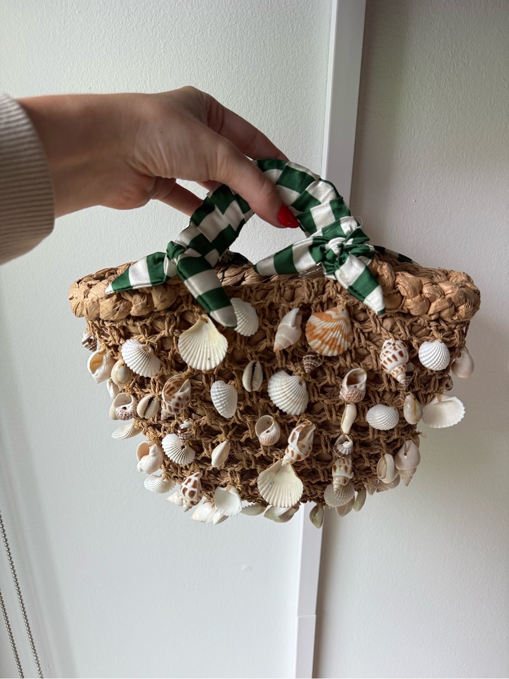 Simon Miller Straw Mini Shell-Embellished Tote with Green & White Handle Scarf - Picture 2 of 3